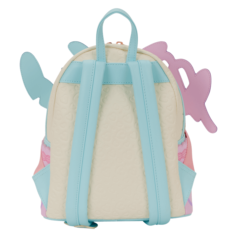 Back view of Loungefly Stitch and Angel Be Mine mini backpack with pastel straps and embossed heart texture