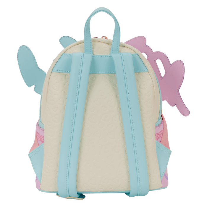 Back view of Loungefly Stitch and Angel Be Mine mini backpack with pastel straps and embossed heart texture