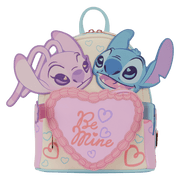 Front view of Loungefly Disney Stitch and Angel Be Mine mini backpack with 3D Stitch and Angel and Be Mine heart pocket