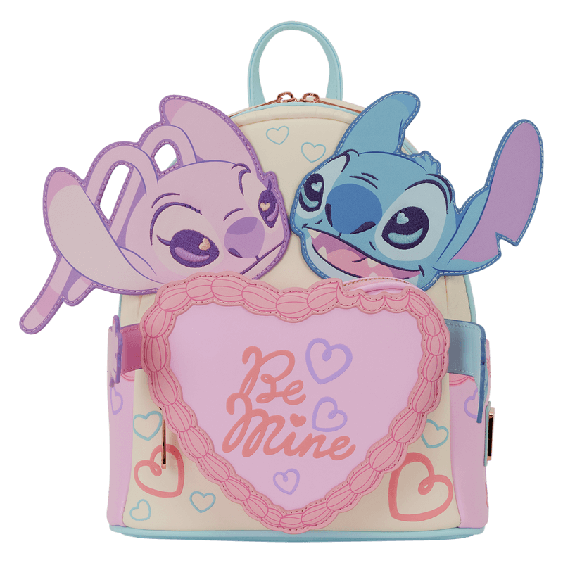 Front view of Loungefly Disney Stitch and Angel Be Mine mini backpack with 3D Stitch and Angel and Be Mine heart pocket