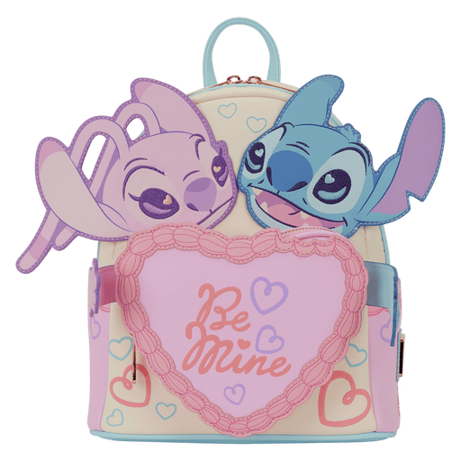 Front view of Loungefly Disney Stitch and Angel Be Mine mini backpack with 3D Stitch and Angel and Be Mine heart pocket