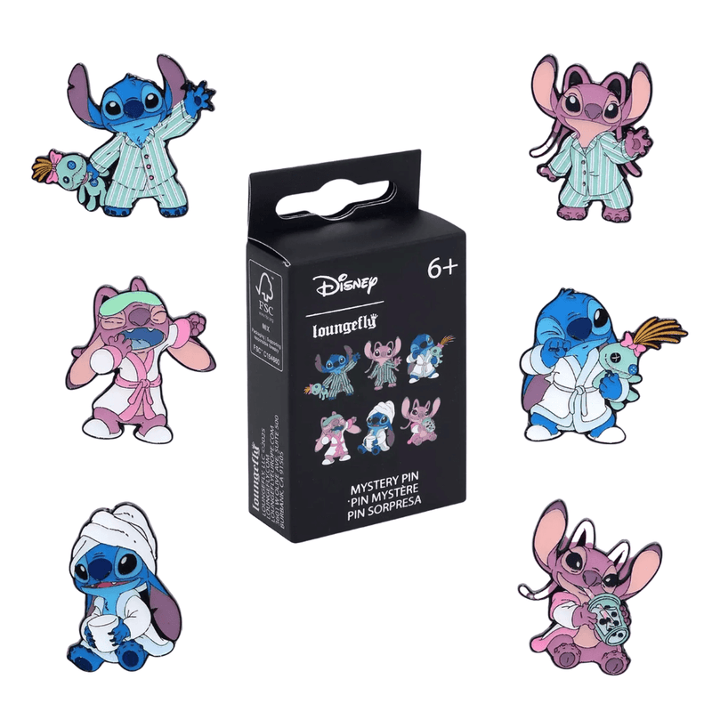 Loungefly Disney Stitch and Angel pyjamas mystery box enamel pins featuring Stitch, Angel, Scrump, robes, eye masks and bedtime designs