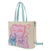 Angled view of the Loungefly Disney Stitch & Angel True Love tote bag showing light blue handles, detachable strap and gold chain detail.