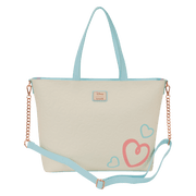 Back view of the Loungefly Disney Stitch & Angel True Love tote bag with a small Loungefly badge and pastel heart details.