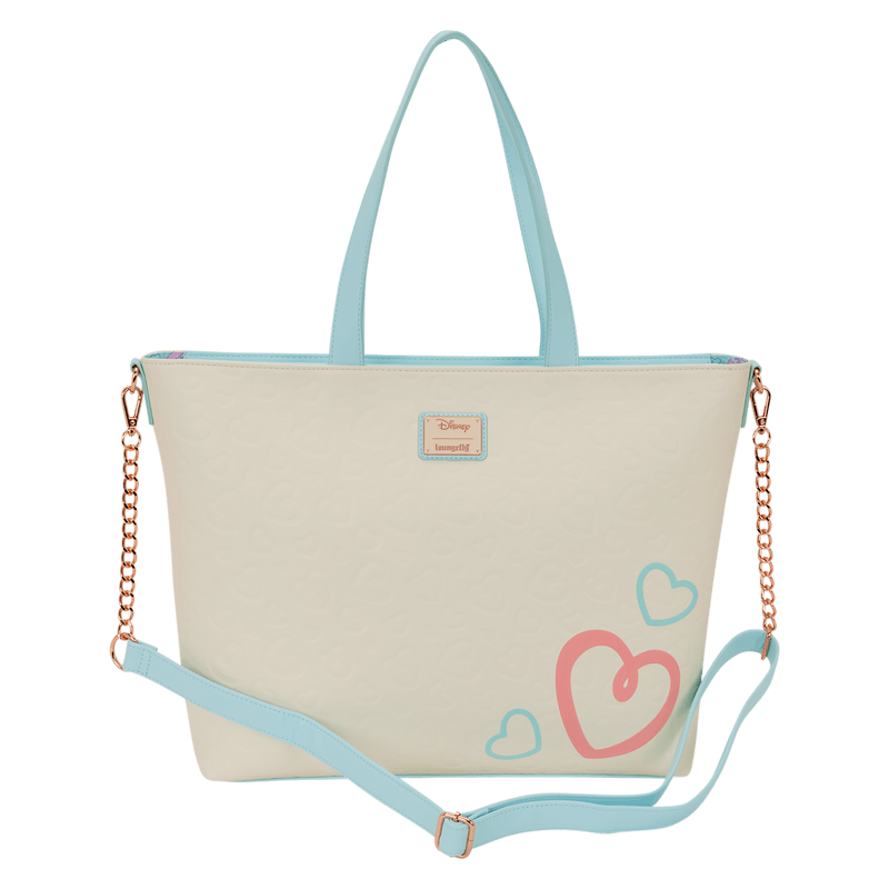 Back view of the Loungefly Disney Stitch & Angel True Love tote bag with a small Loungefly badge and pastel heart details.