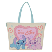 Front view of the Loungefly Disney Stitch & Angel True Love tote bag with pastel hearts, True Love artwork and Stitch and Angel on the front.