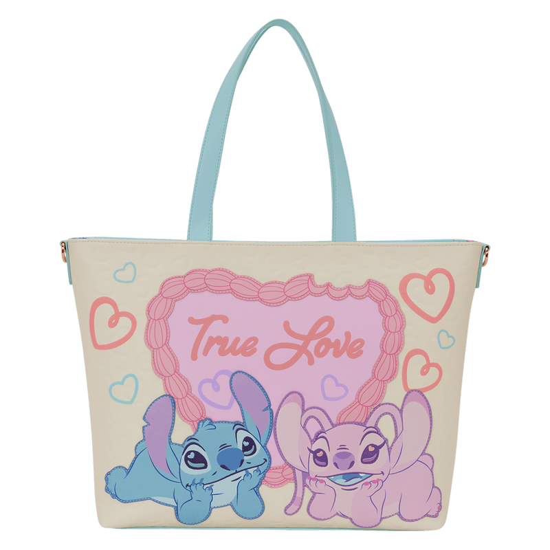 Front view of the Loungefly Disney Stitch & Angel True Love tote bag with pastel hearts, True Love artwork and Stitch and Angel on the front.