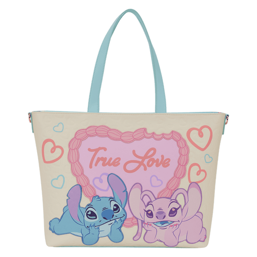Front view of the Loungefly Disney Stitch & Angel True Love tote bag with pastel hearts, True Love artwork and Stitch and Angel on the front.