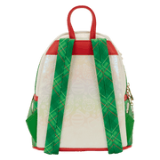 Back view of Loungefly Stitch holiday mini backpack with green tartan straps.