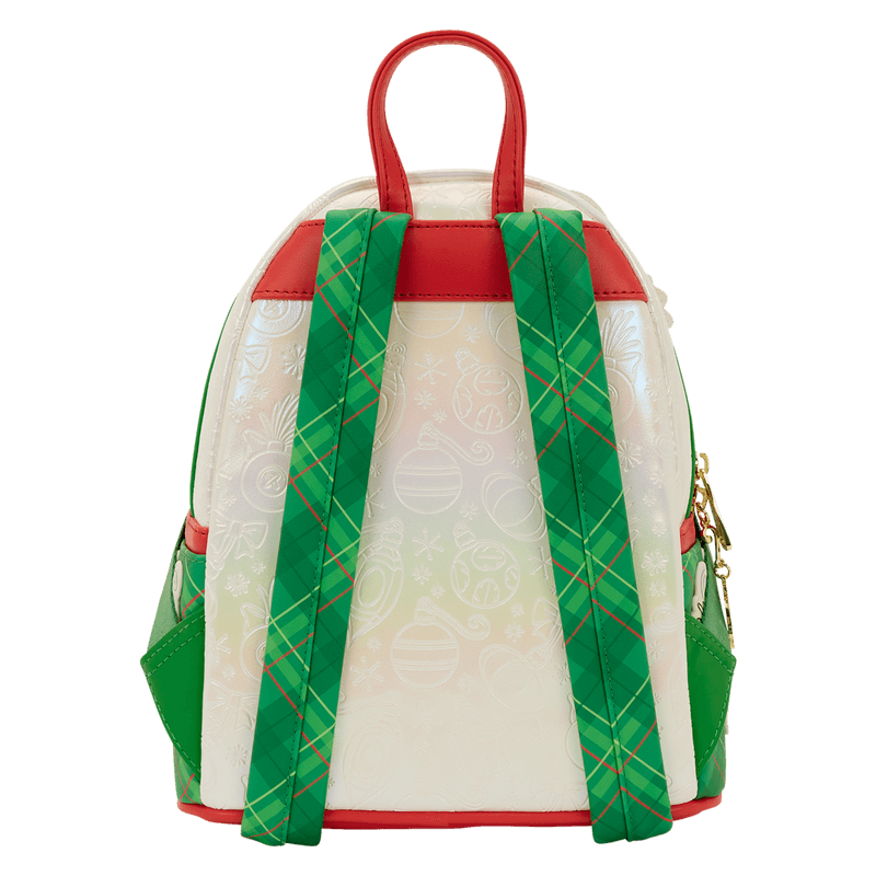 Back view of Loungefly Stitch holiday mini backpack with green tartan straps.