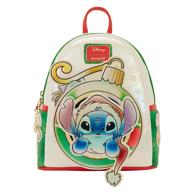 Front view of Loungefly Stitch bauble pocket mini backpack with red handle and green sides.