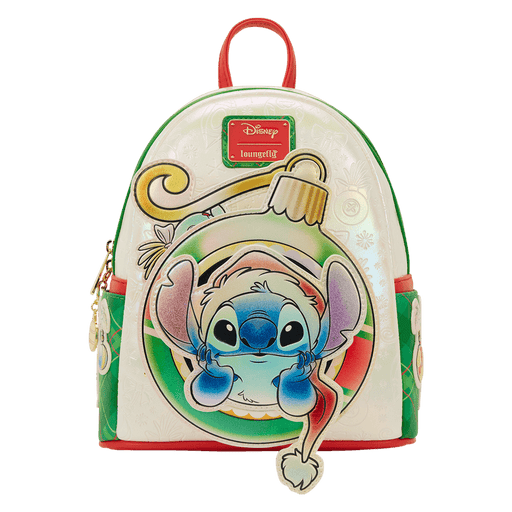 Front view of Loungefly Stitch bauble pocket mini backpack with red handle and green sides.