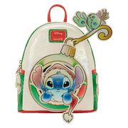 Front view of Loungefly Disney Stitch Christmas mini backpack with bauble pocket and Scrump applique, pearlescent body.