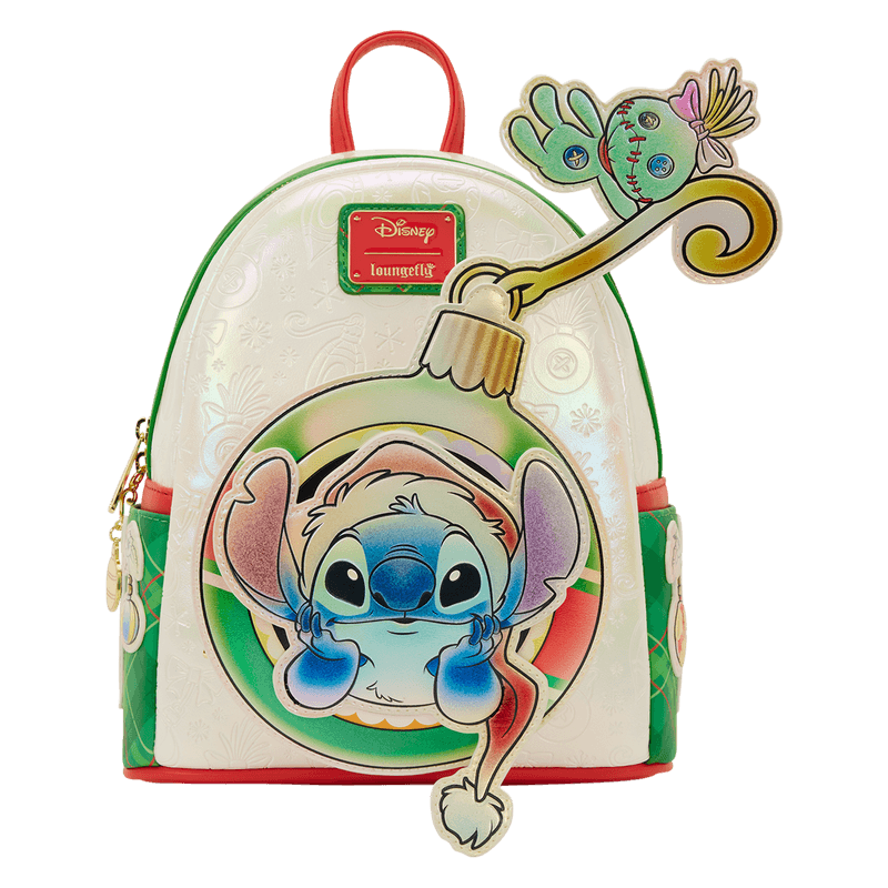 Front view of Loungefly Disney Stitch Christmas mini backpack with bauble pocket and Scrump applique, pearlescent body.
