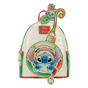 Front view with Scrump perched on hook above Stitch bauble pocket on Loungefly mini backpack.