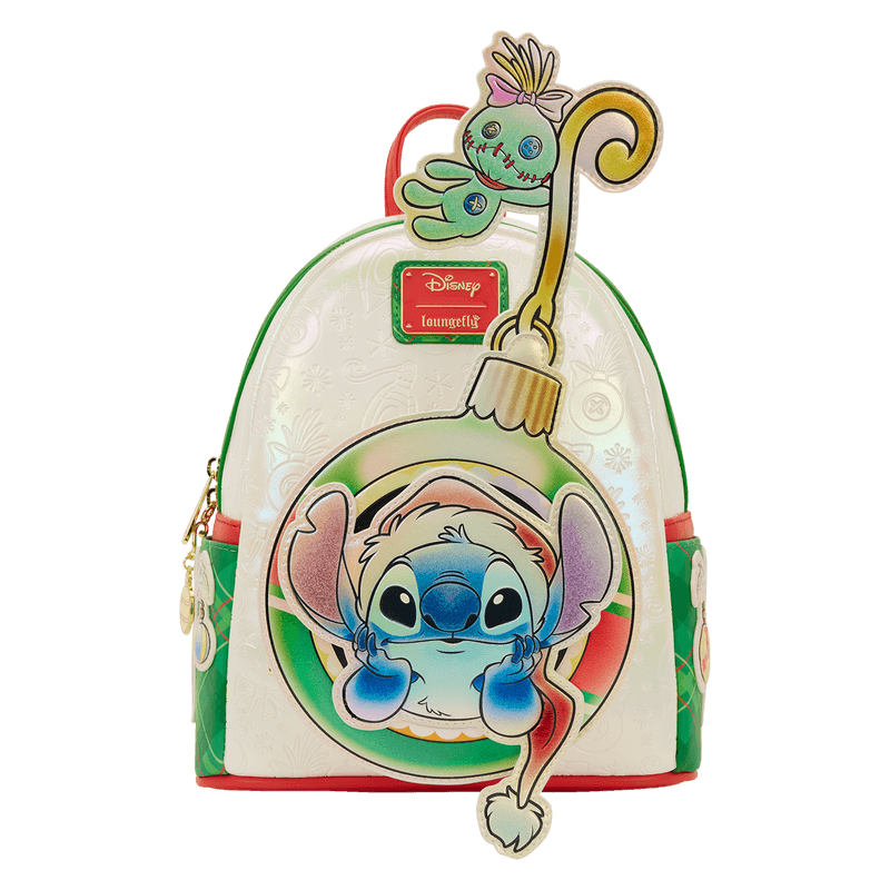 Front view with Scrump perched on hook above Stitch bauble pocket on Loungefly mini backpack.