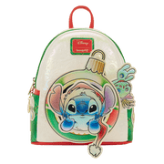 Centered view of Loungefly Stitch ornament mini backpack with Scrump detail and green red trim.