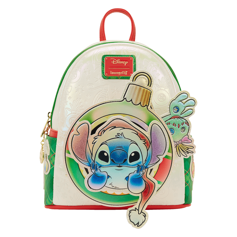 Centered view of Loungefly Stitch ornament mini backpack with Scrump detail and green red trim.