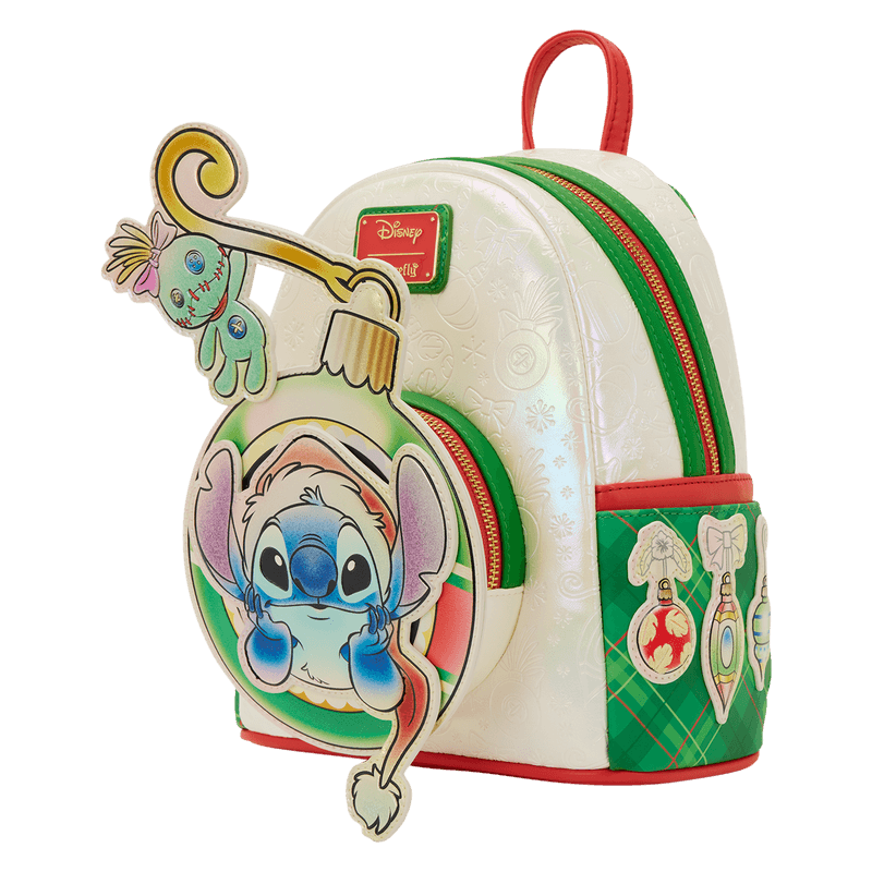Angled view showing Stitch bauble pocket with Scrump, pearlescent finish and green side pockets.