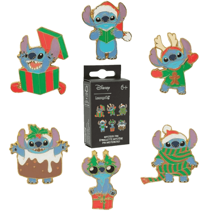 Loungefly Disney Stitch holiday mystery box enamel pins featuring festive Stitch designs including gift box, Santa hat, reindeer and Christmas pudding styles