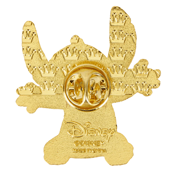 Back of Loungefly Disney Stitch enamel pin with gold-tone finish, crown pattern texture, and Disney branding.

