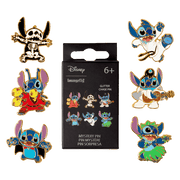 Group shot of Loungefly Disney Stitch Mystery Enamel Pins blind box showing 6 designs incl glitter chase skeleton Stitch.
