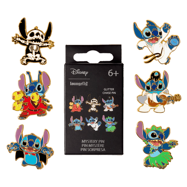 Group shot of Loungefly Disney Stitch Mystery Enamel Pins blind box showing 6 designs incl glitter chase skeleton Stitch.
