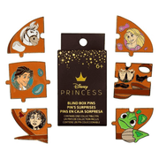 Loungefly Disney Tangled Paints Puzzle Blind Box Pins showing six possible character designs and packaging