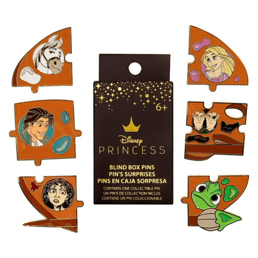 Loungefly Disney Tangled Paints Puzzle Blind Box Pins showing six possible character designs and packaging