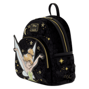 Loungefly Disney Tinker Bell Pixie Dust Velvet Mini Backpack front side view with gold star details

