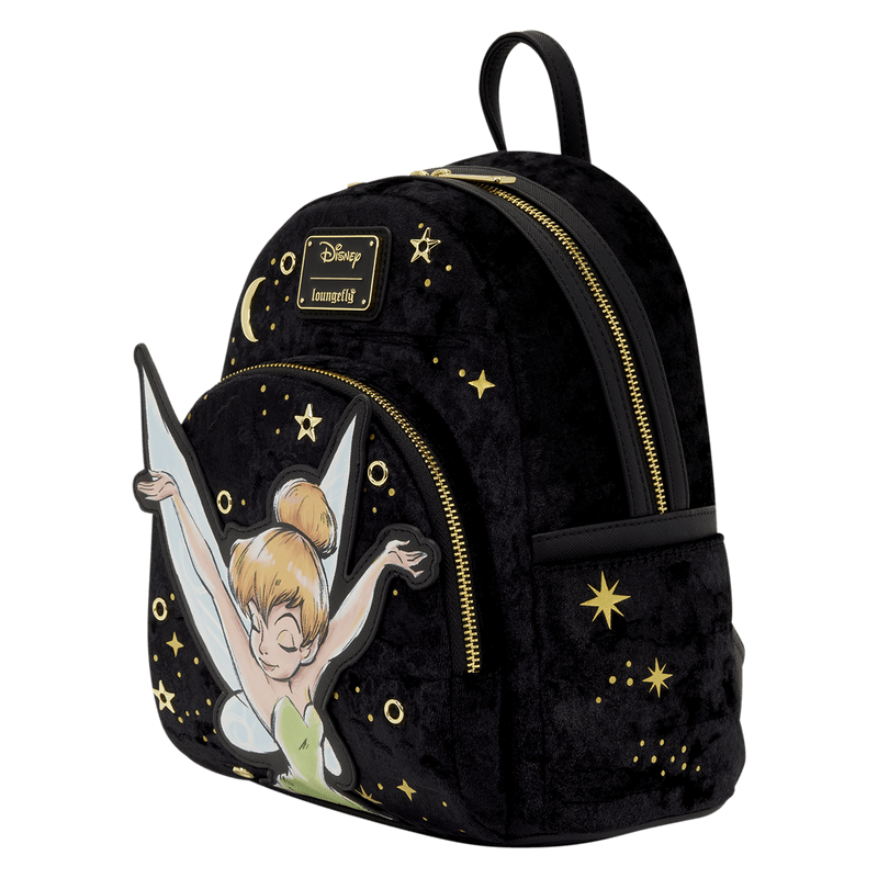 Loungefly Disney Tinker Bell Pixie Dust Velvet Mini Backpack front side view with gold star details

