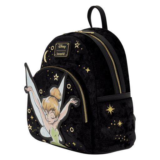 Loungefly Disney Tinker Bell Pixie Dust Velvet Mini Backpack front side view with gold star details
