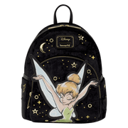 Front of Loungefly Disney Tinker Bell Pixie Dust Velvet Mini Backpack with Tinker Bell applique and gold stars