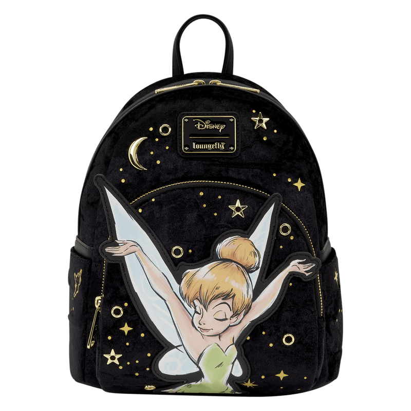 Front of Loungefly Disney Tinker Bell Pixie Dust Velvet Mini Backpack with Tinker Bell applique and gold stars