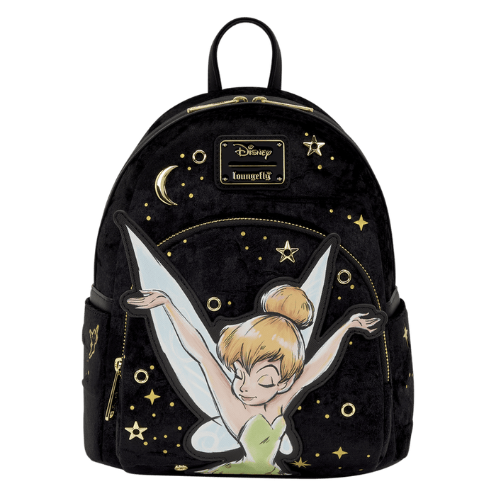 Front of Loungefly Disney Tinker Bell Pixie Dust Velvet Mini Backpack with Tinker Bell applique and gold stars