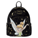 Front of Loungefly Disney Tinker Bell Pixie Dust Velvet Mini Backpack with Tinker Bell applique and gold stars