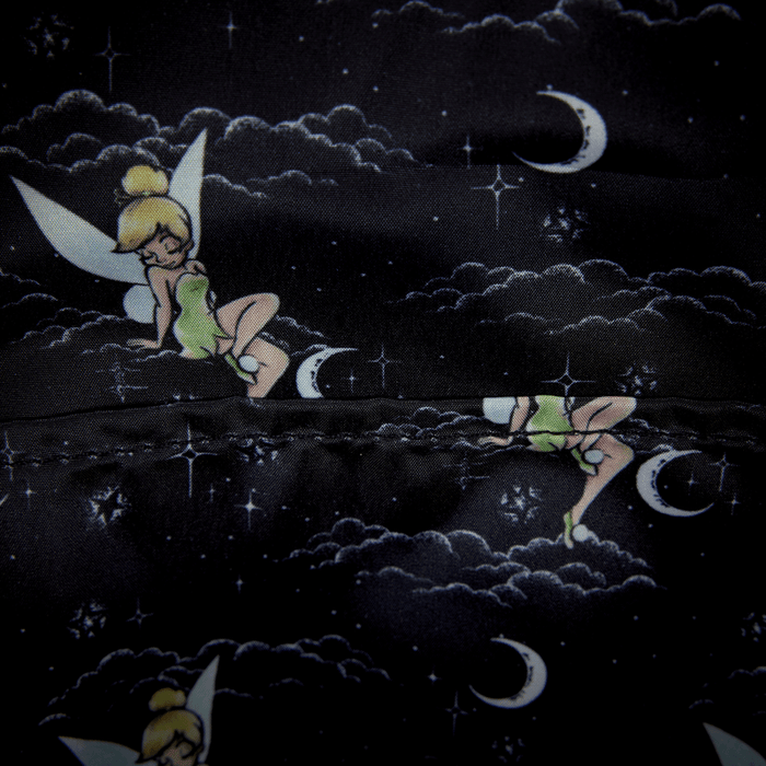 Interior lining of Loungefly Disney Tinker Bell Pixie Dust Velvet Mini Backpack with Tinker Bell moon and cloud print