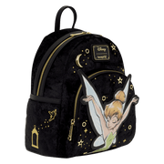 Side view of Loungefly Disney Tinker Bell Pixie Dust Velvet Mini Backpack with gold foil details