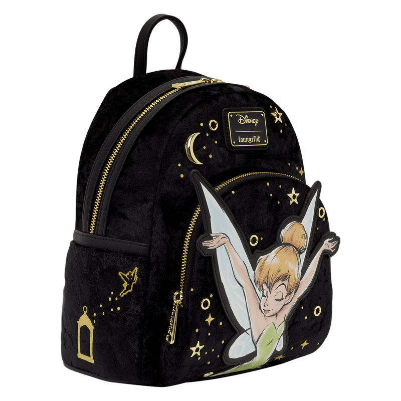Side view of Loungefly Disney Tinker Bell Pixie Dust Velvet Mini Backpack with gold foil details