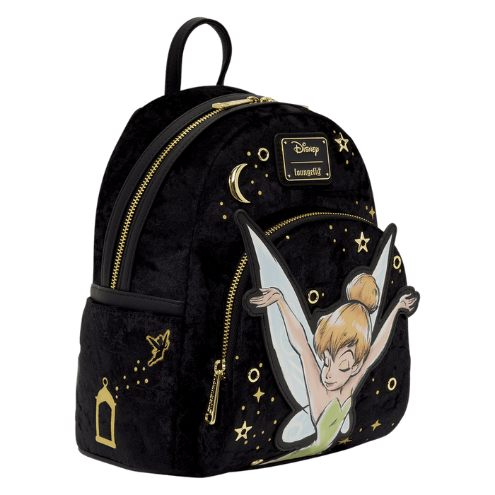 Side view of Loungefly Disney Tinker Bell Pixie Dust Velvet Mini Backpack with gold foil details