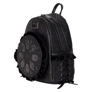 Angled view of Loungefly Disney Villains black mini backpack showing side corset lacing and textured faux leather