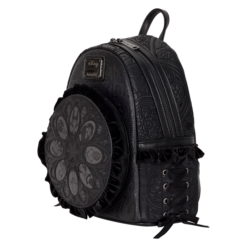 Angled view of Loungefly Disney Villains black mini backpack showing side corset lacing and textured faux leather