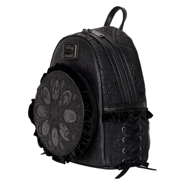 Angled view of Loungefly Disney Villains black mini backpack showing side corset lacing and textured faux leather