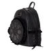 Angled view of Loungefly Disney Villains black mini backpack showing side corset lacing and textured faux leather