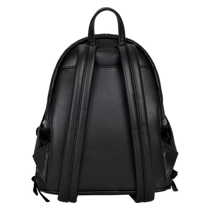 Back of black Loungefly Disney Villains mini backpack with padded straps and faux-leather finish