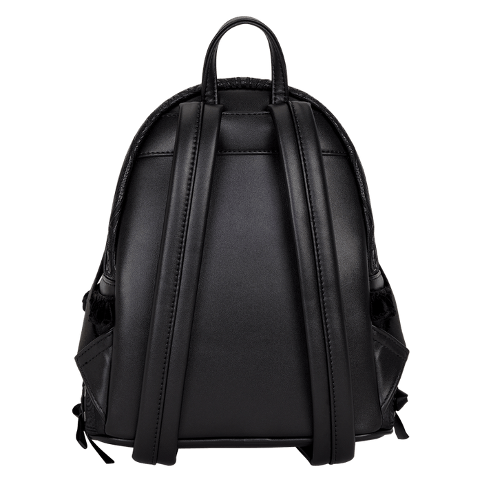 Back of black Loungefly Disney Villains mini backpack with padded straps and faux-leather finish