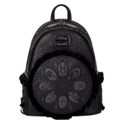 Front view of black Loungefly Disney Villains mini backpack with embossed pattern and ruffled circular medallion