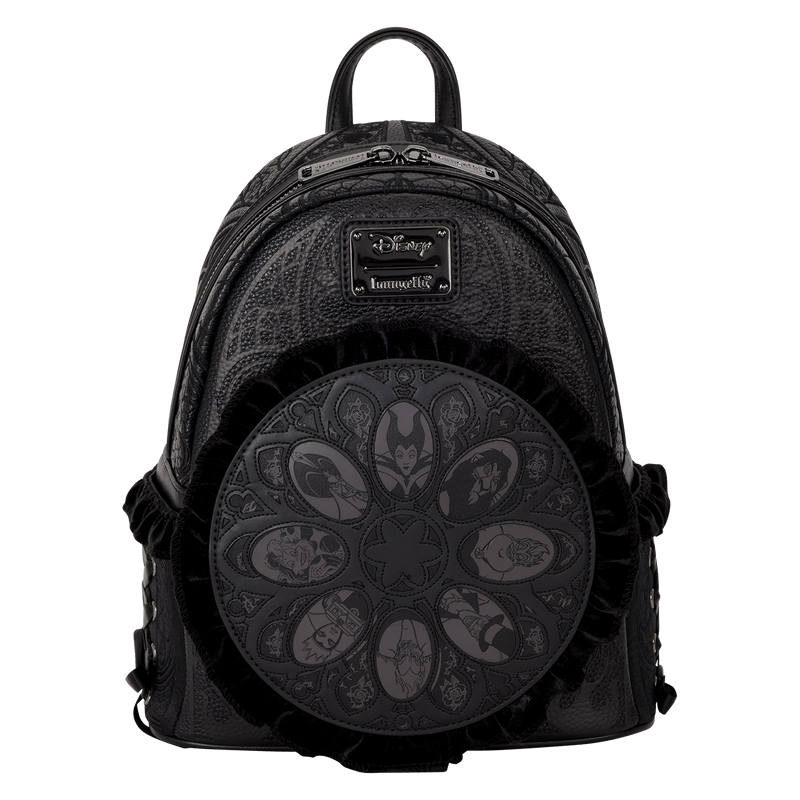 Front view of black Loungefly Disney Villains mini backpack with embossed pattern and ruffled circular medallion