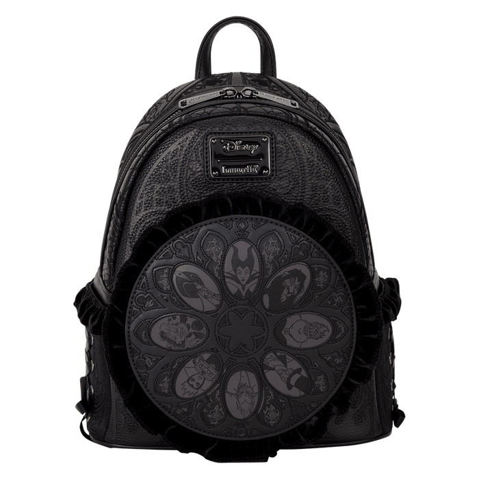 Front view of black Loungefly Disney Villains mini backpack with embossed pattern and ruffled circular medallion