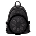 Front view of black Loungefly Disney Villains mini backpack with embossed pattern and ruffled circular medallion